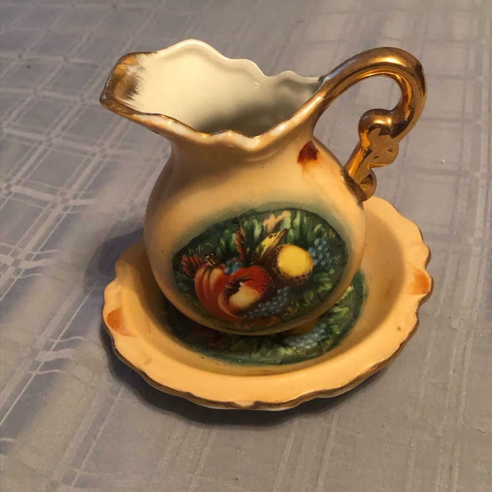 Vintage Enesco Ceramic Pitcher and Gold Accent Saucer 60’s made in Japan